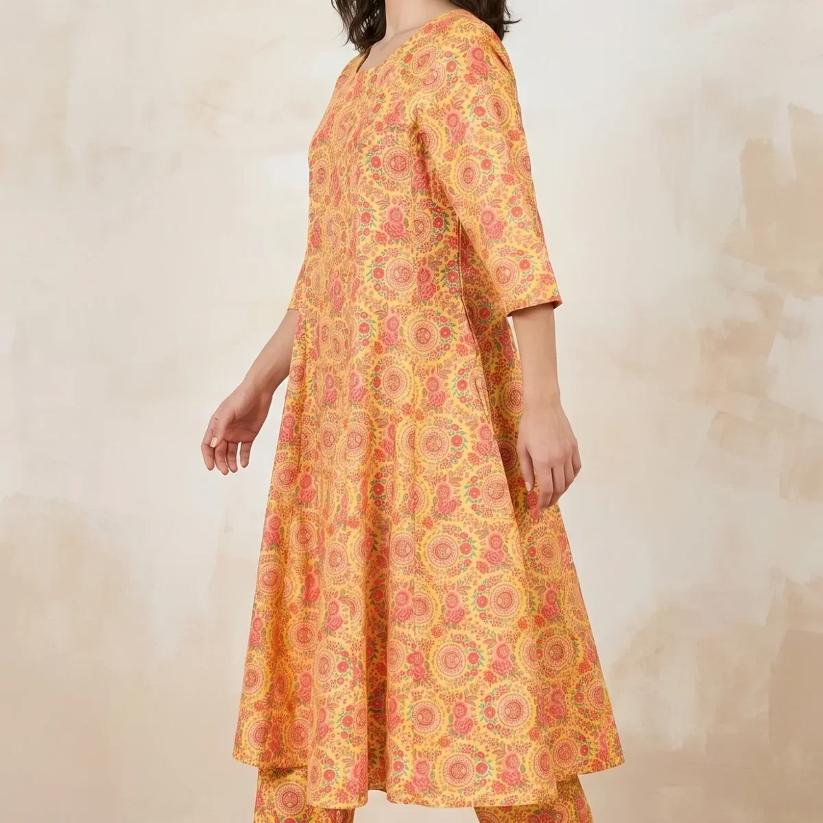 Yellow Floral Printed Rayon Flared Kurta With Pants Co-ord Set thumbnail 4