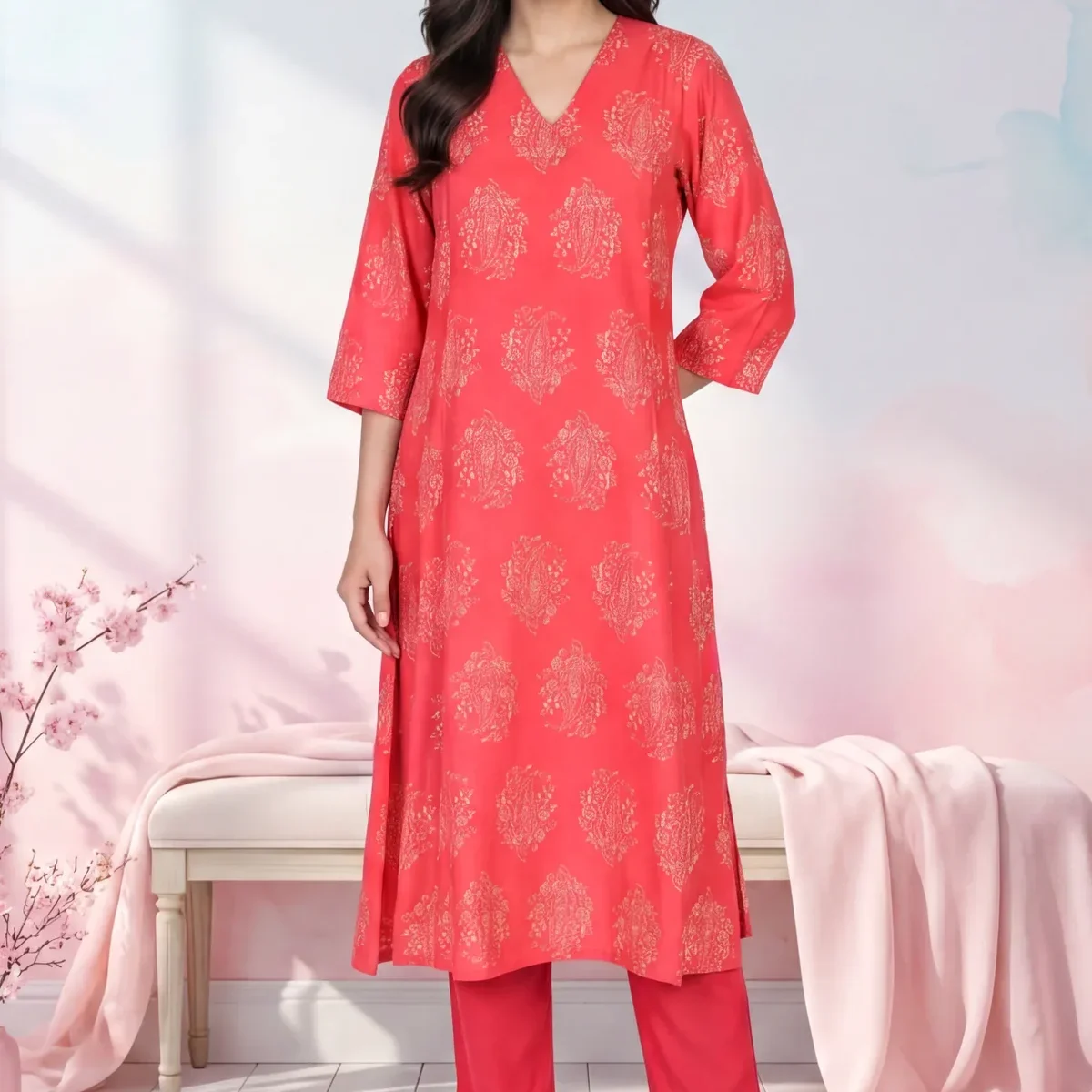 Red Floral Printed Flared Kurta with Pants Set