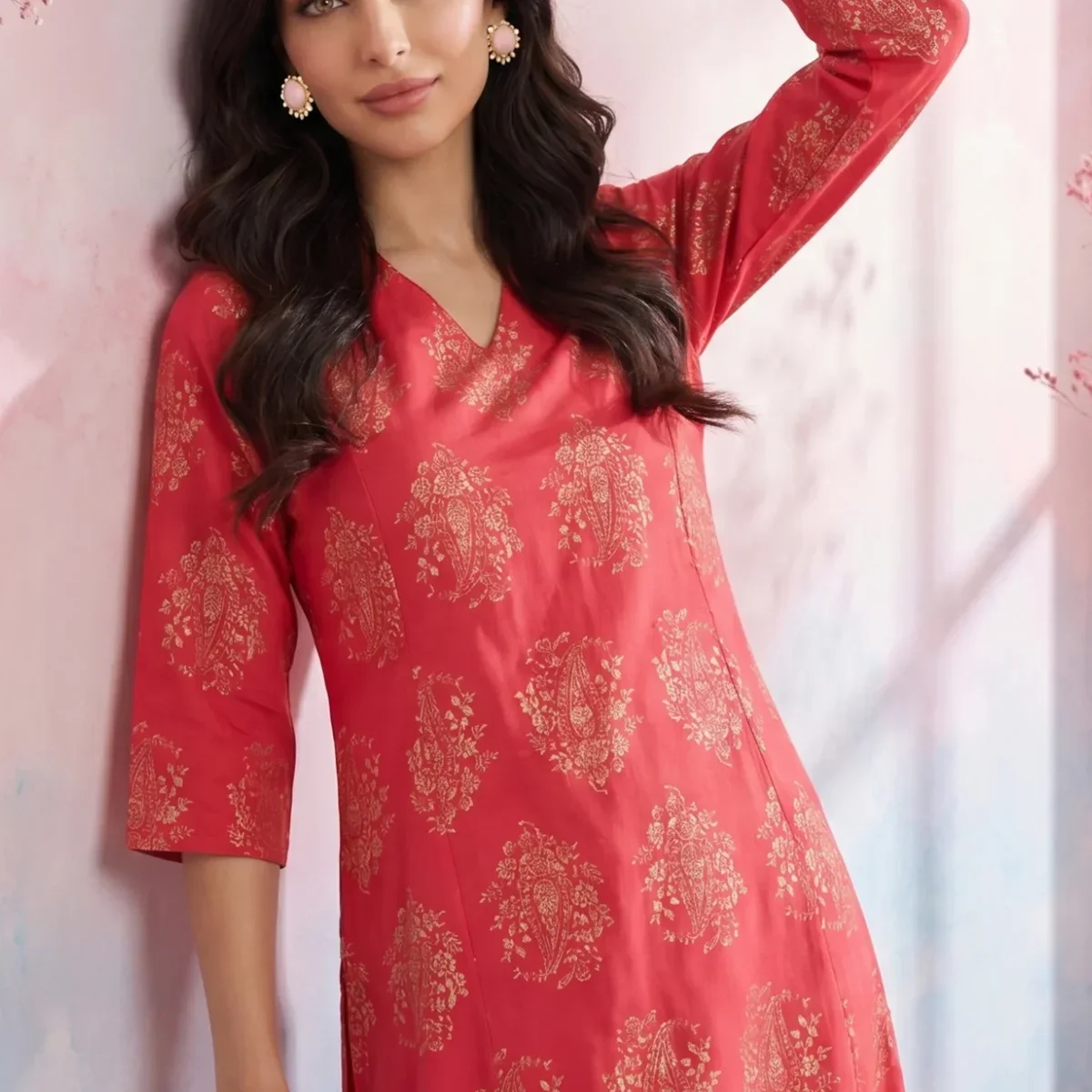 Red Floral Printed Flared Kurta with Pants Set thumbnail 2