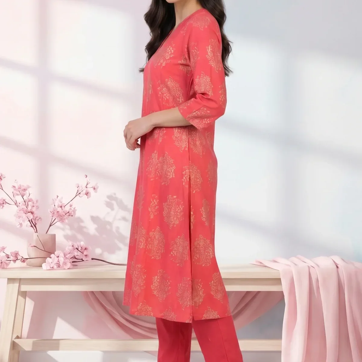 Red Floral Printed Flared Kurta with Pants Set thumbnail 4