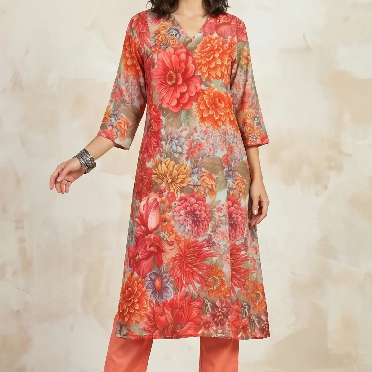 Multi-colour Floral Printed Rayon A-line Kurta with A-line Pants Set