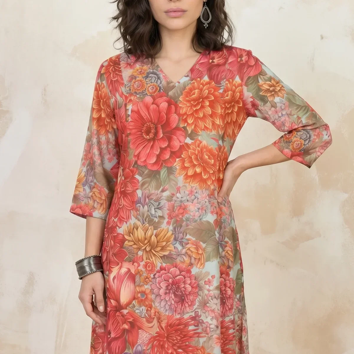 Multi-colour Floral Printed Rayon A-line Kurta with A-line Pants Set thumbnail 2