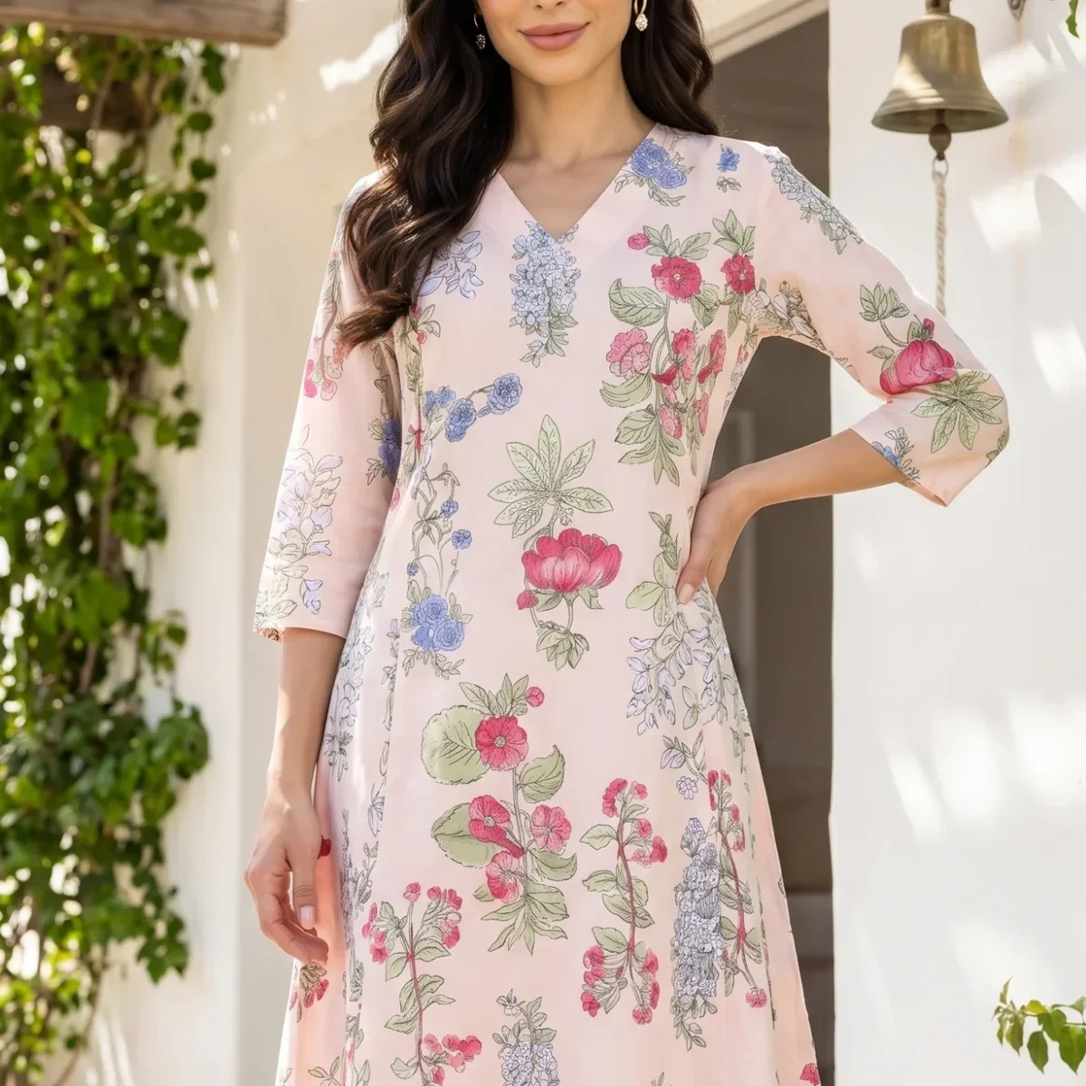 Peach Floral Printed Pure Cotton A-line Kurta with Pants Co-ord Set thumbnail 2
