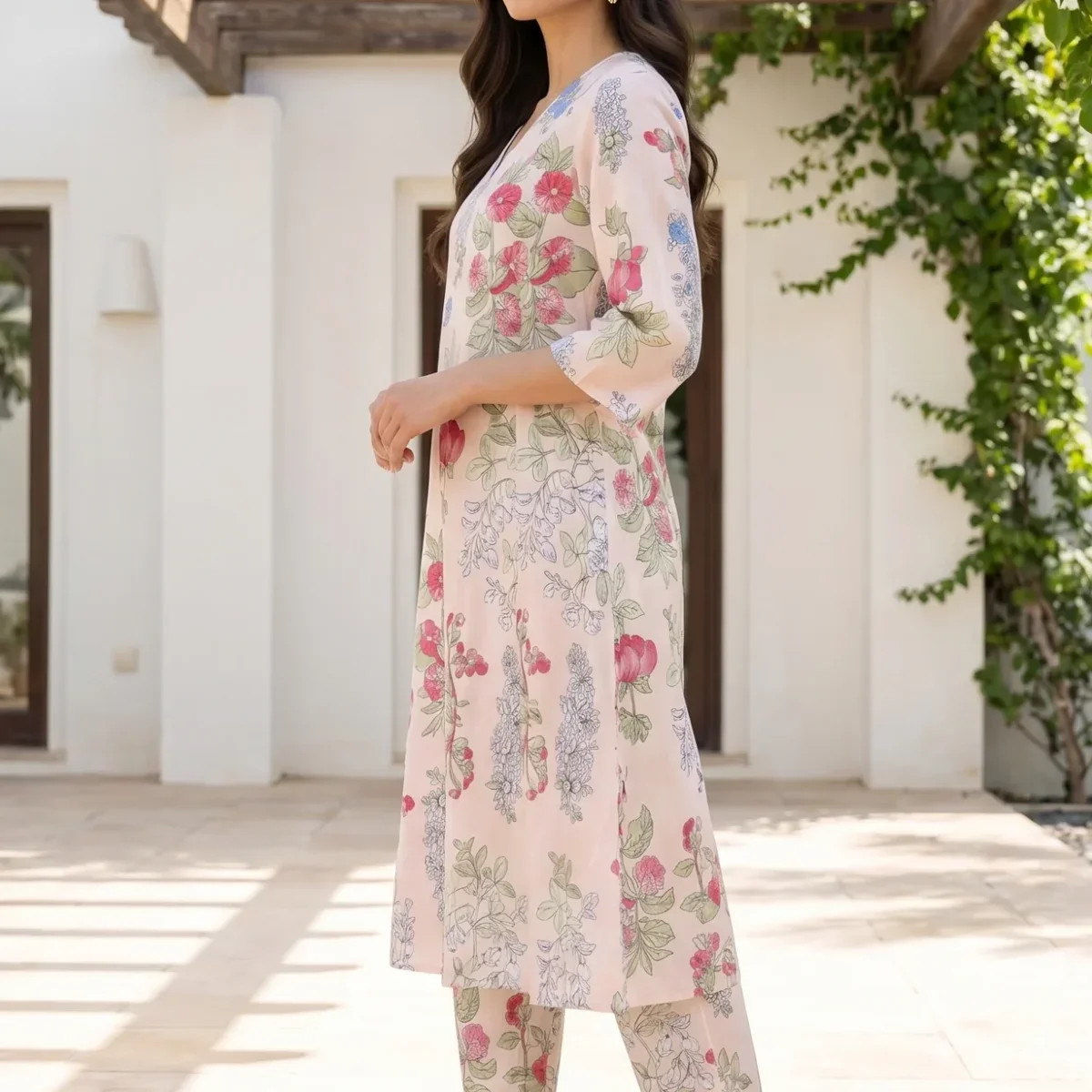 Peach Floral Printed Pure Cotton A-line Kurta with Pants Co-ord Set thumbnail 4