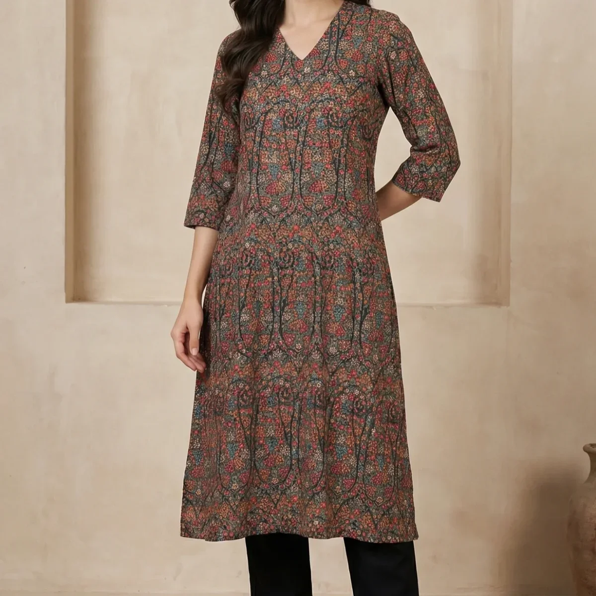 Black Floral Printed A-line Kurta with Pants Set