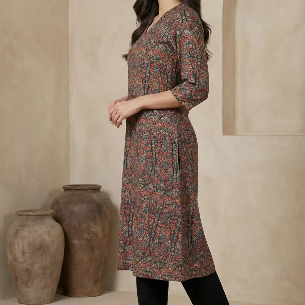 Black Floral Printed A-line Kurta with Pants Set thumbnail 4