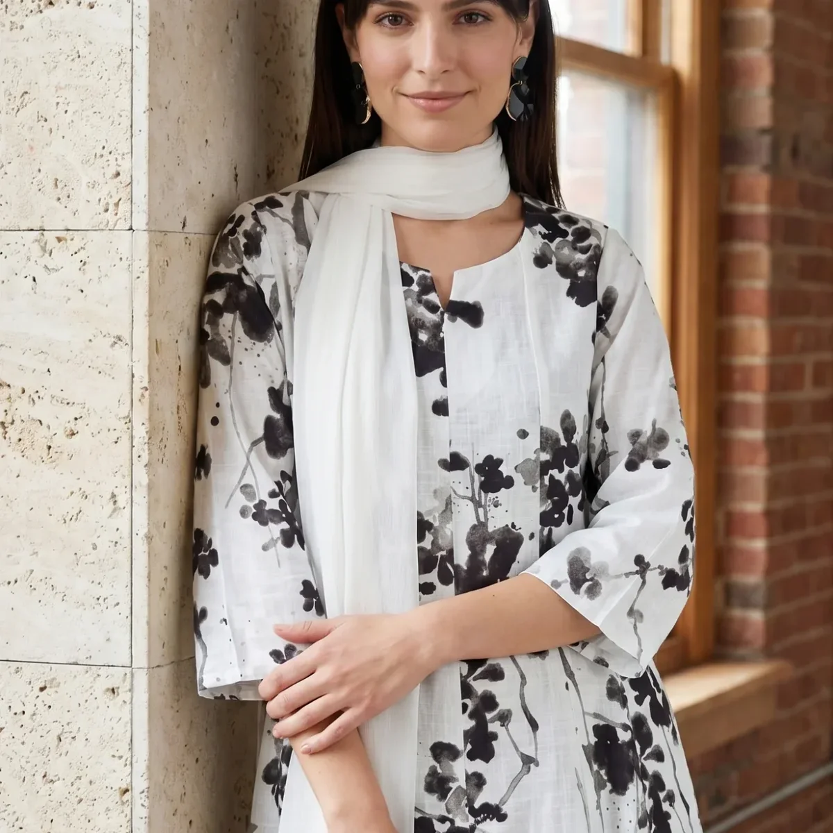 White Floral Printed Pure Cotton Straight Kurta With Pants and Dupatta Set thumbnail 2