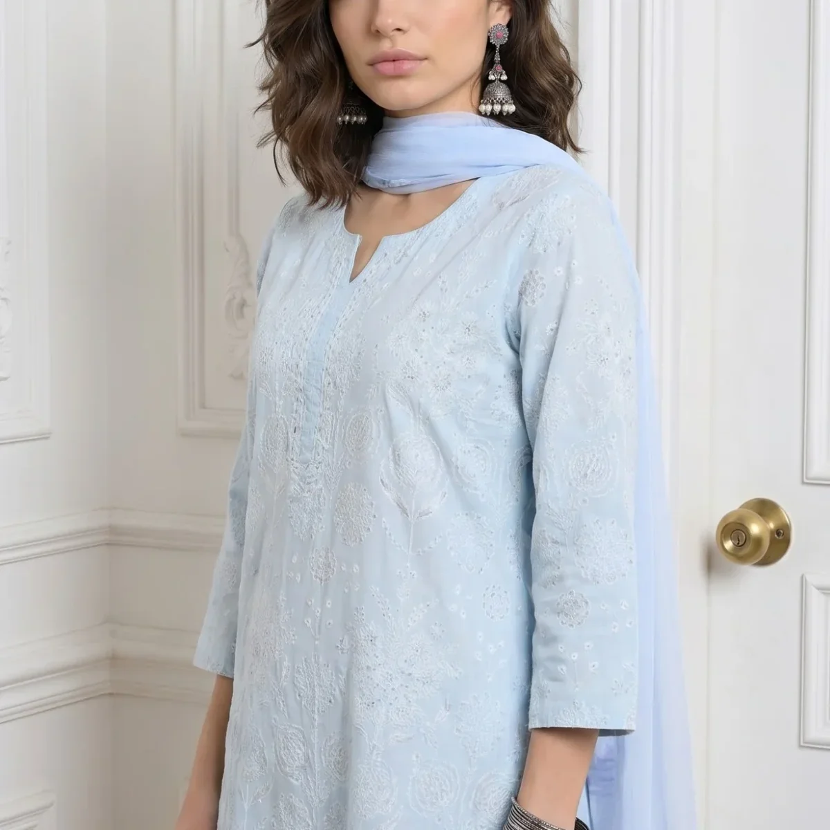 Blue Floral Printed Pure Cotton Straight Kurta With Pants and Dupatta Set thumbnail 2