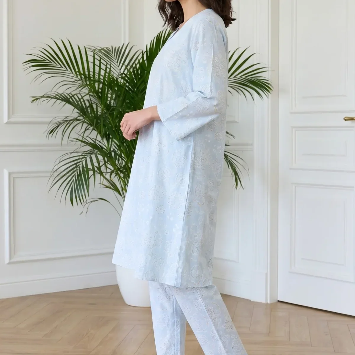 Blue Floral Printed Pure Cotton Straight Kurta With Pants and Dupatta Set thumbnail 4