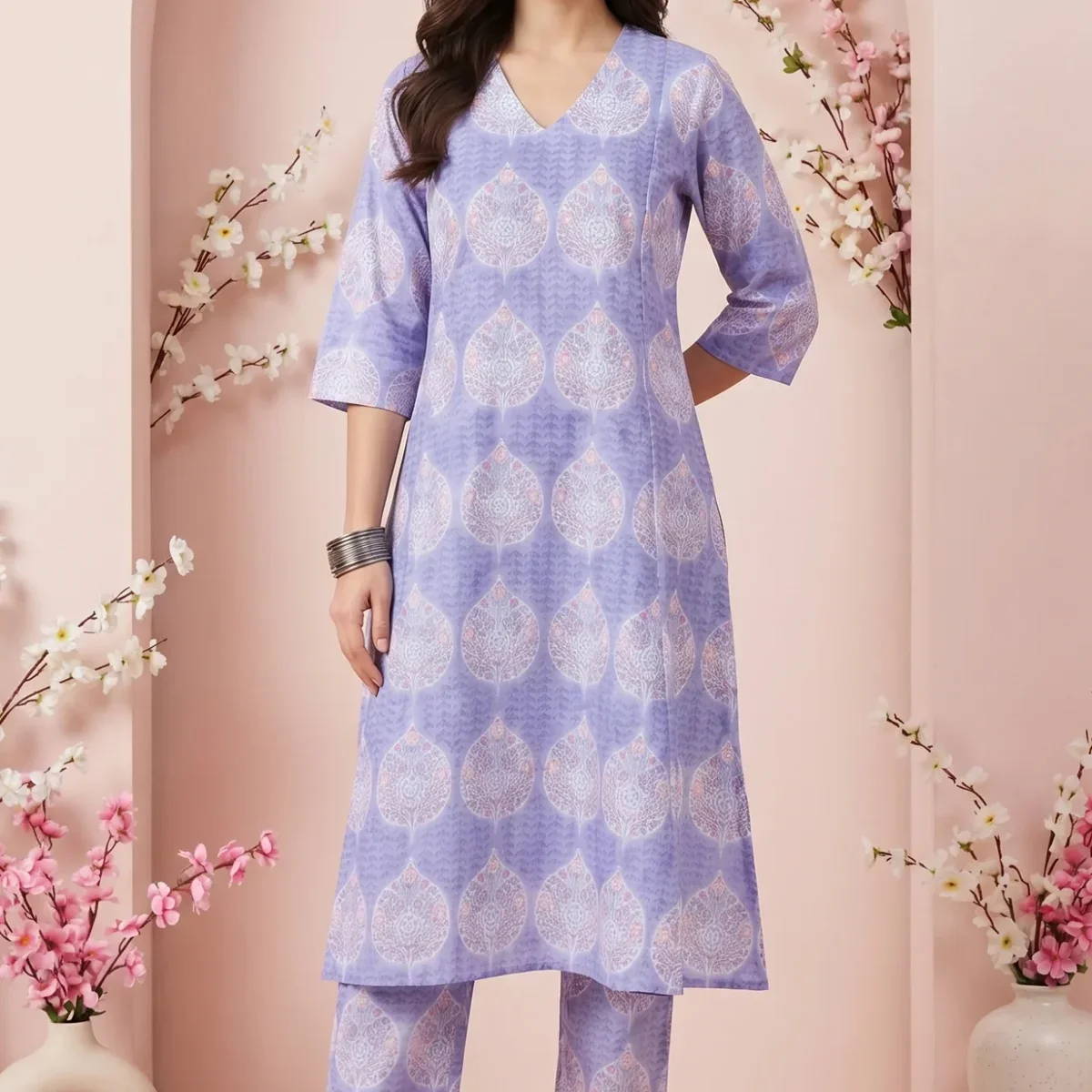 Lavender Floral Printed Cotton Blend A-line Kurta with Pants Co-ord Set