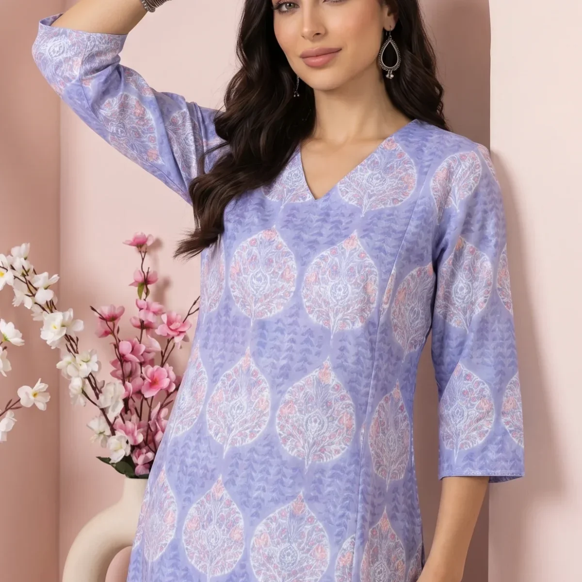 Lavender Floral Printed Cotton Blend A-line Kurta with Pants Co-ord Set thumbnail 2