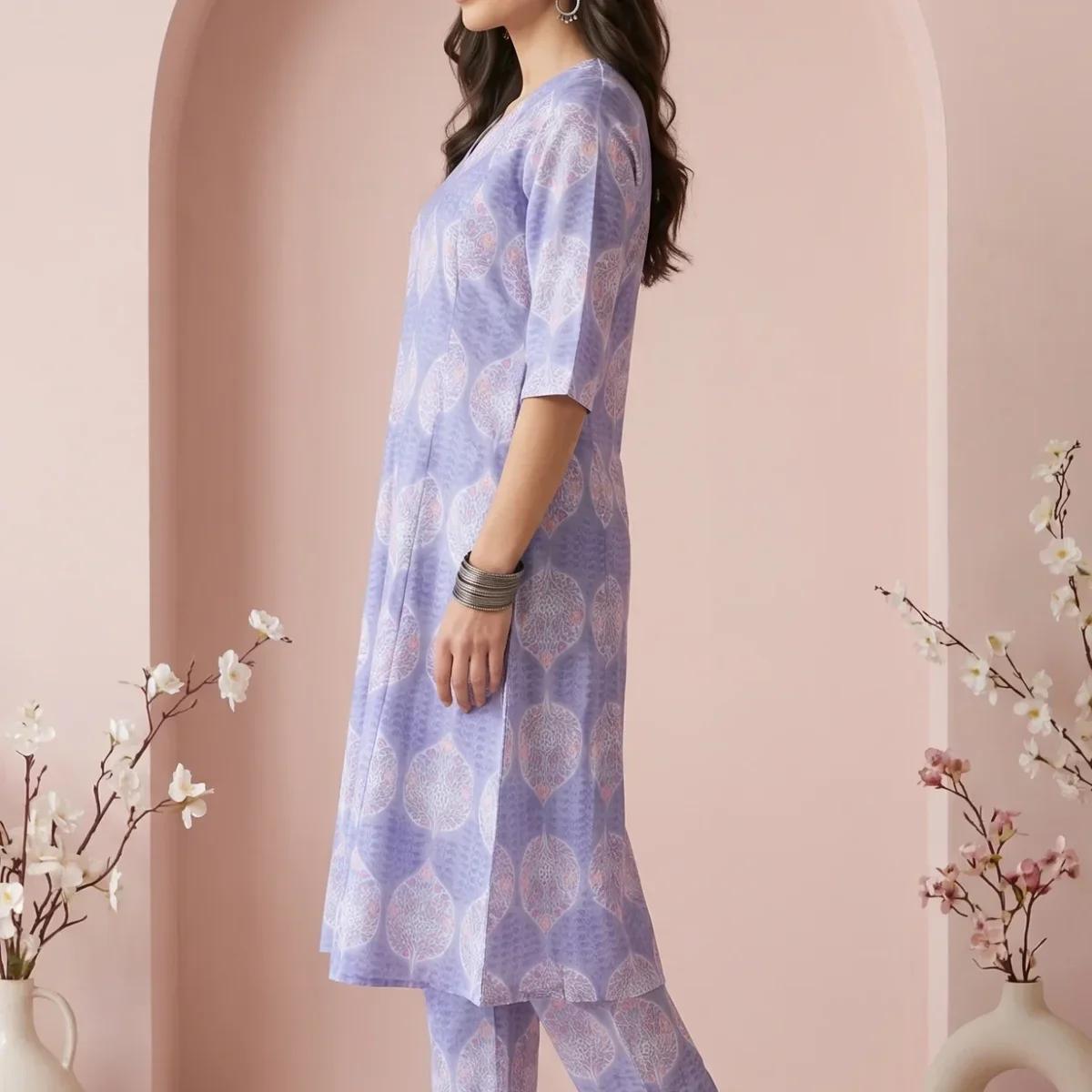 Lavender Floral Printed Cotton Blend A-line Kurta with Pants Co-ord Set thumbnail 4