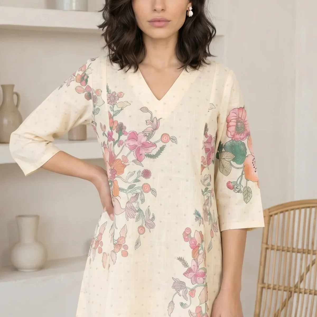 Beige Floral Printed Pure Cotton A-line Kurta with Pants Co-ord Set thumbnail 2