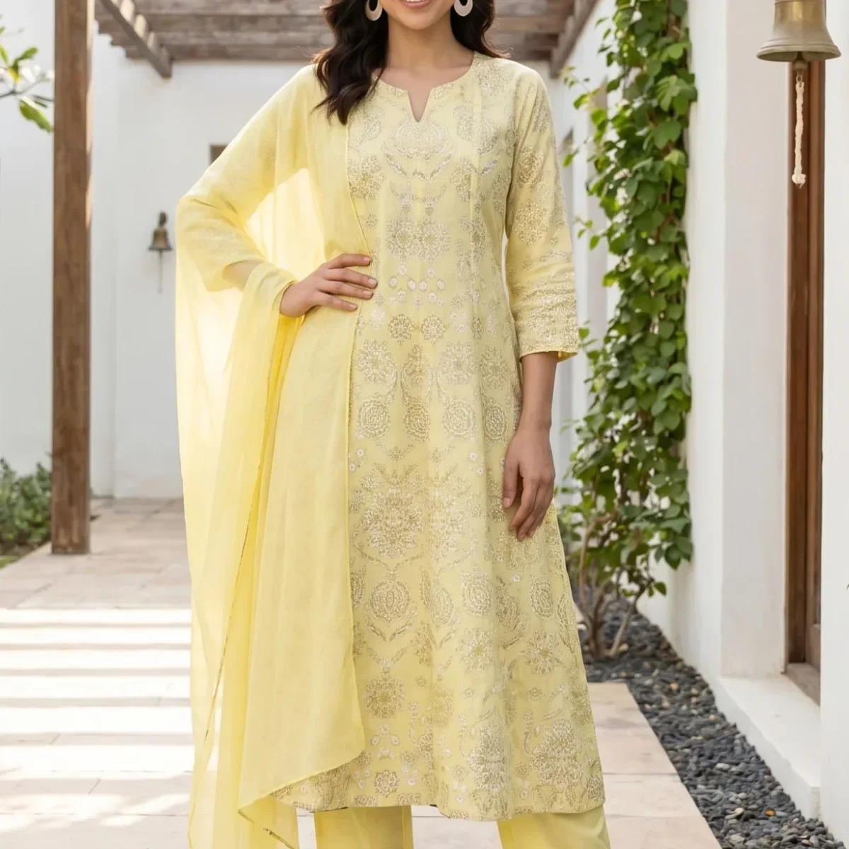 Light Yellow Floral Printed Pure Cotton Straight Kurta With Pants and Dupatta Set