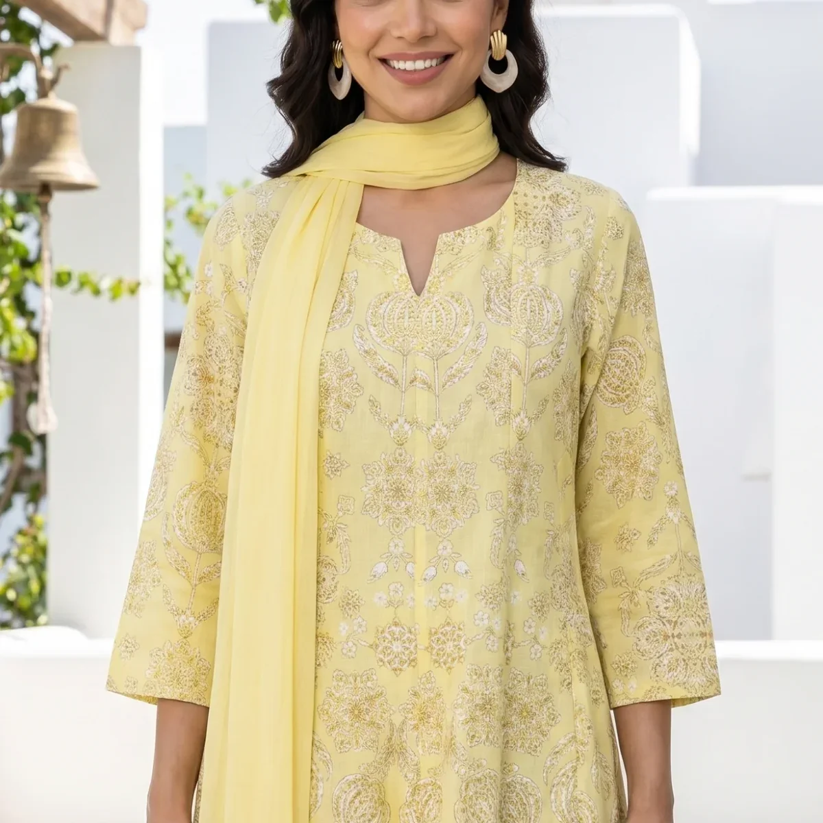Light Yellow Floral Printed Pure Cotton Straight Kurta With Pants and Dupatta Set thumbnail 2