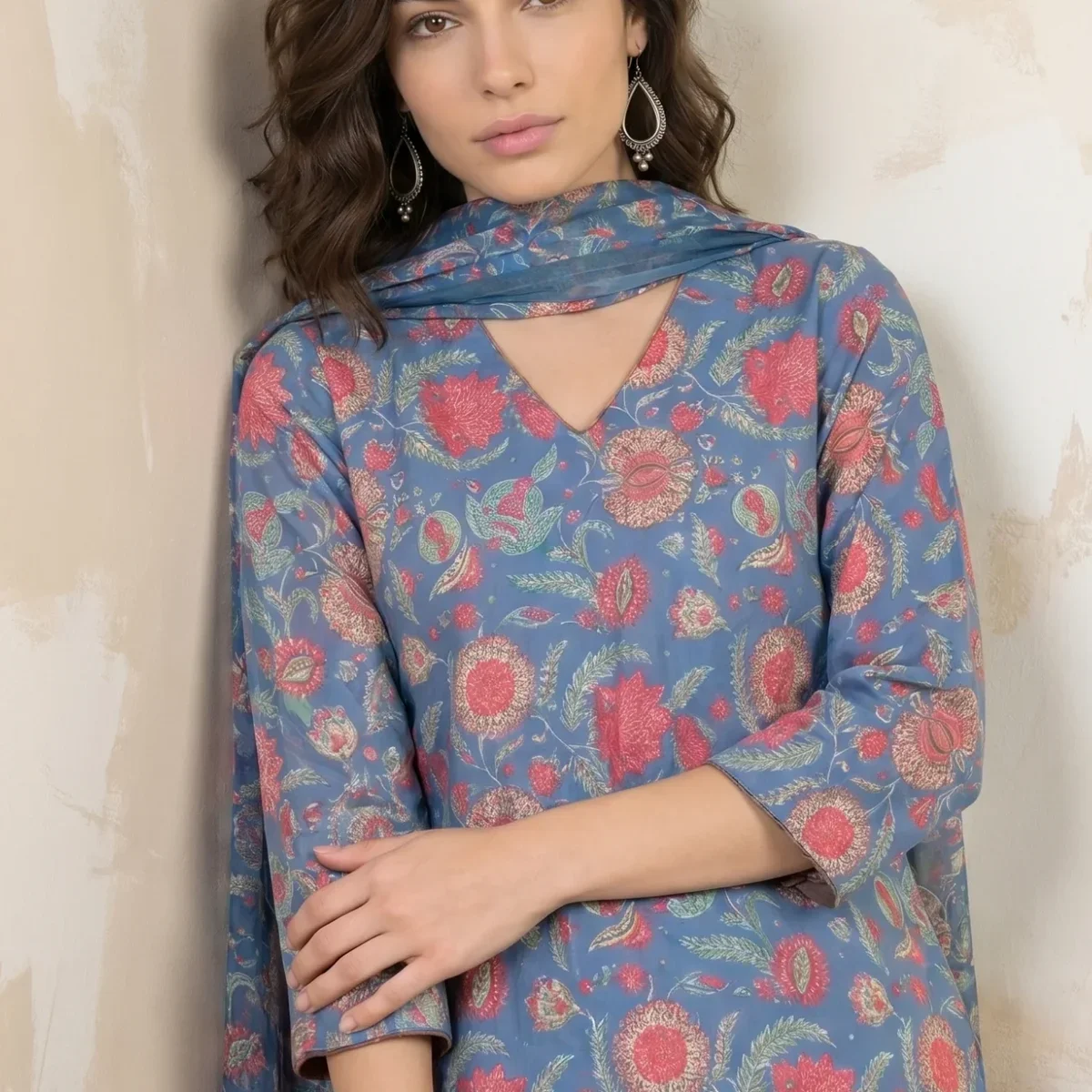 Blue Floral Printed Rayon Straight Kurta With Pants and Dupatta Set thumbnail 2