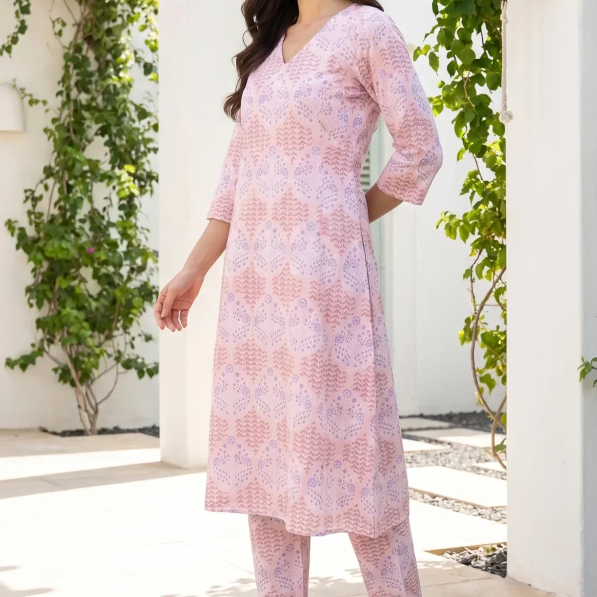 Pink Floral Printed Pure Cotton A-line Kurta with Pants Co-ord Set thumbnail 4