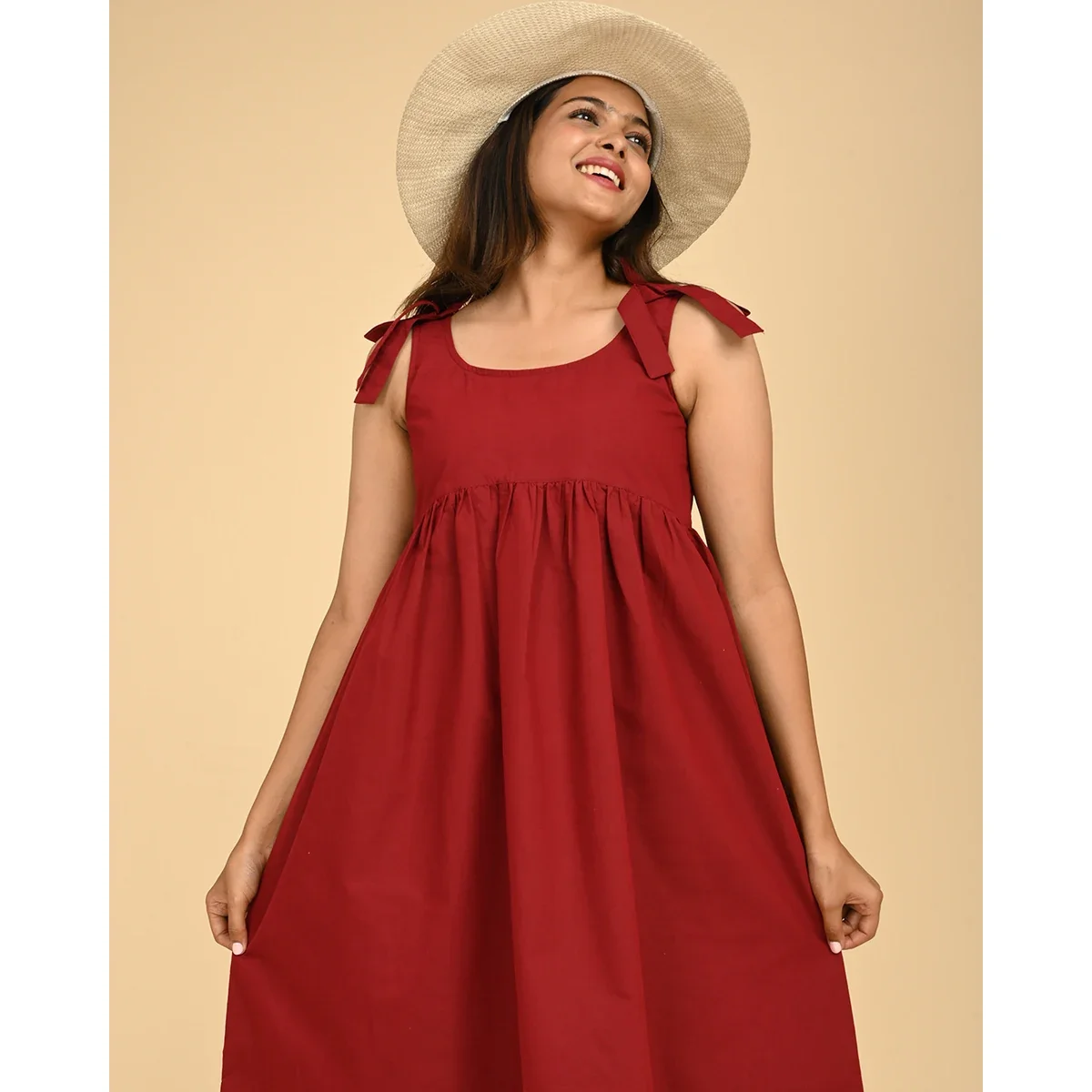 Premium Red Cotton Midi Dress with Bow Straps