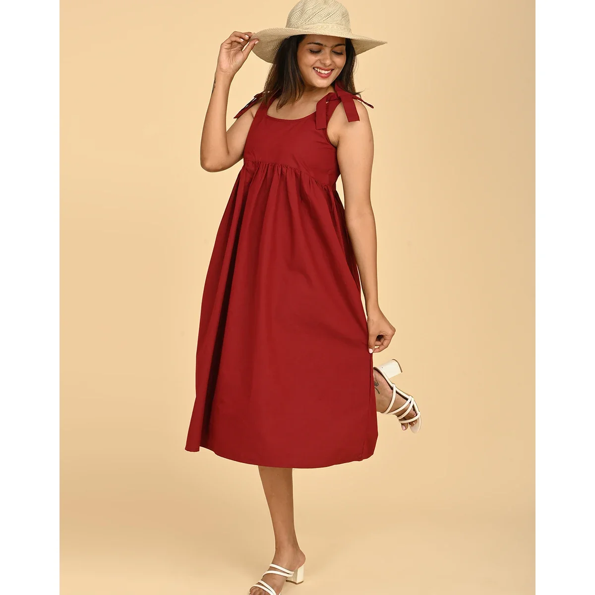 Premium Red Cotton Midi Dress with Bow Straps thumbnail 3