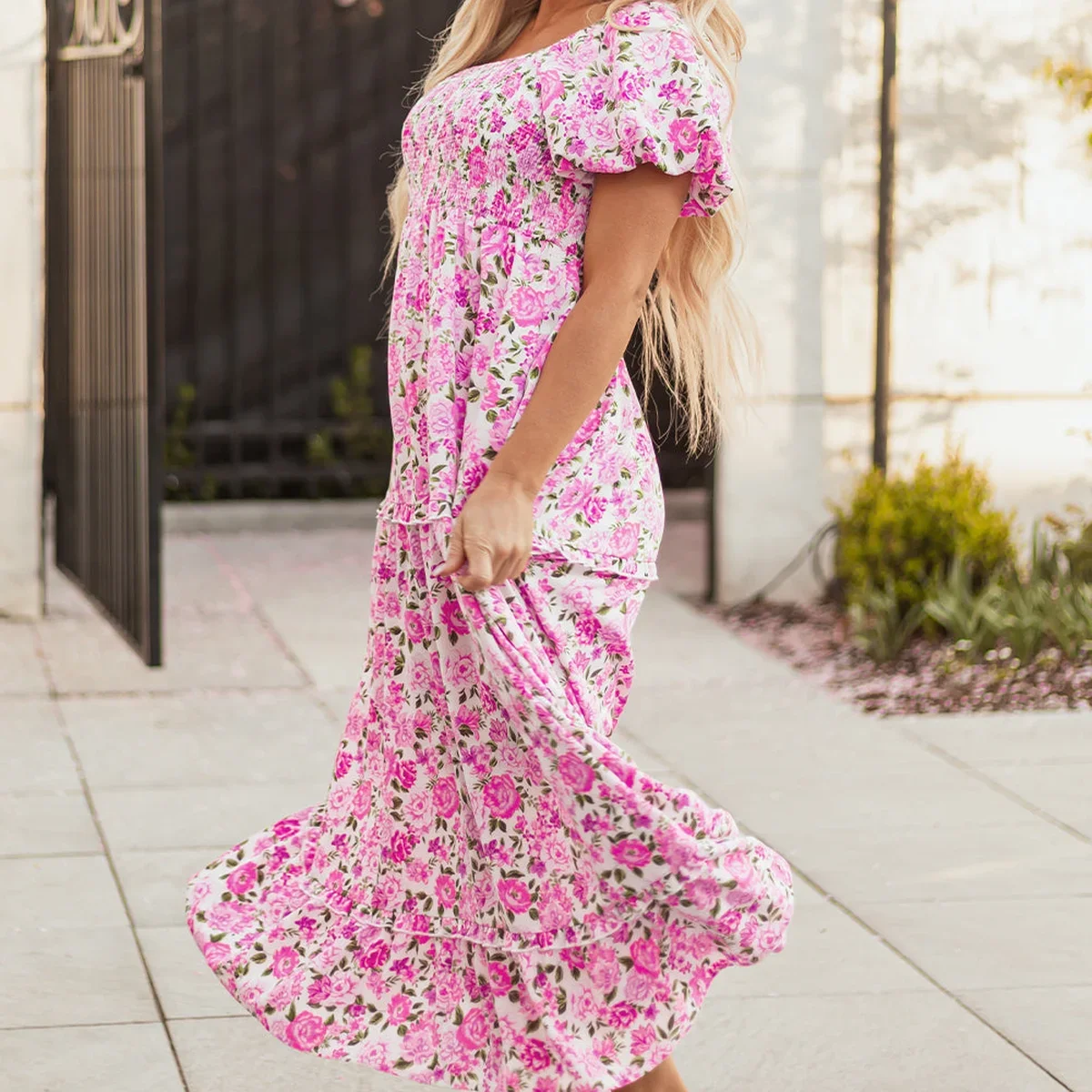 Pink Dainty Floral Smocked Puff Sleeve Flowy Long Dress thumbnail 3
