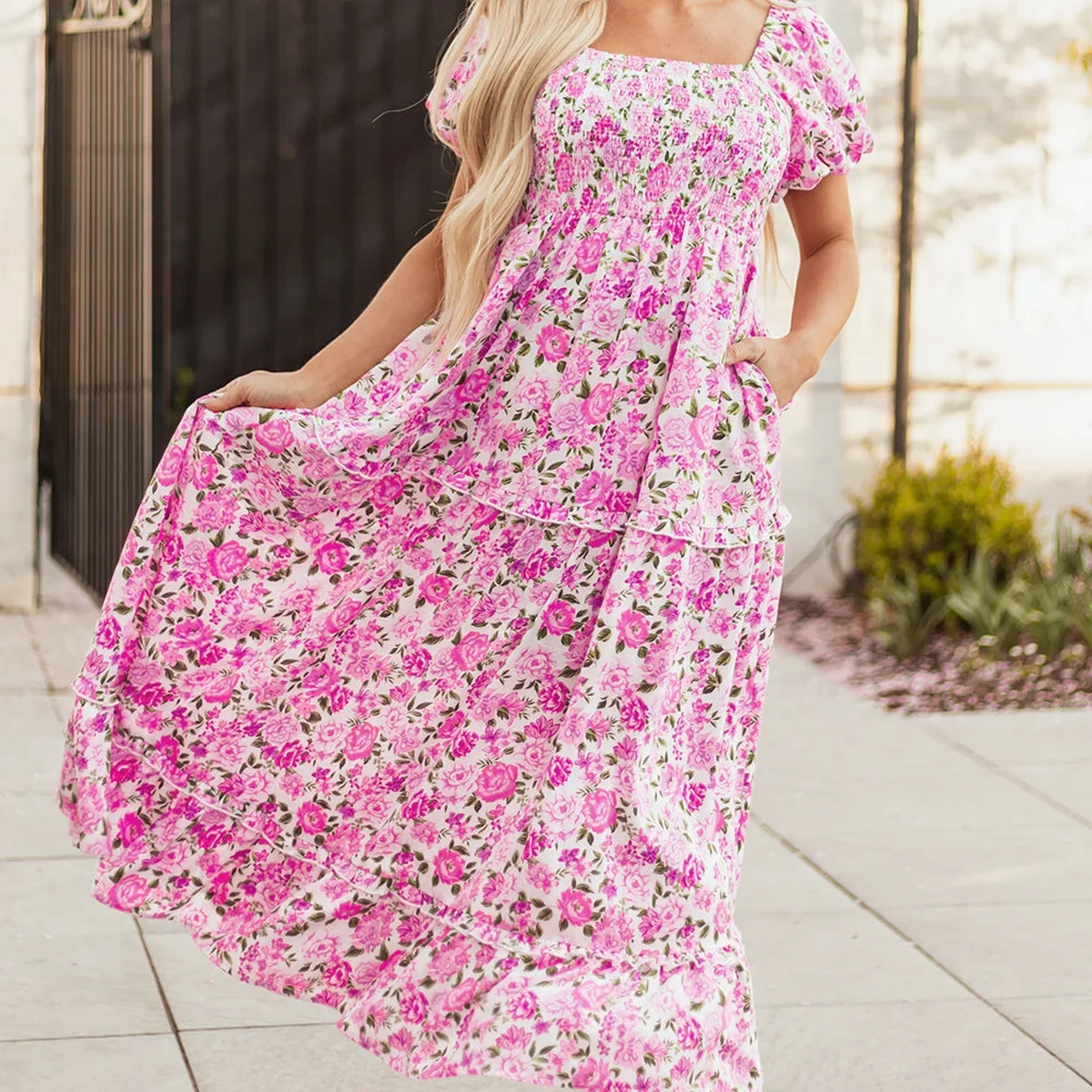 Pink Dainty Floral Smocked Puff Sleeve Flowy Long Dress thumbnail 4