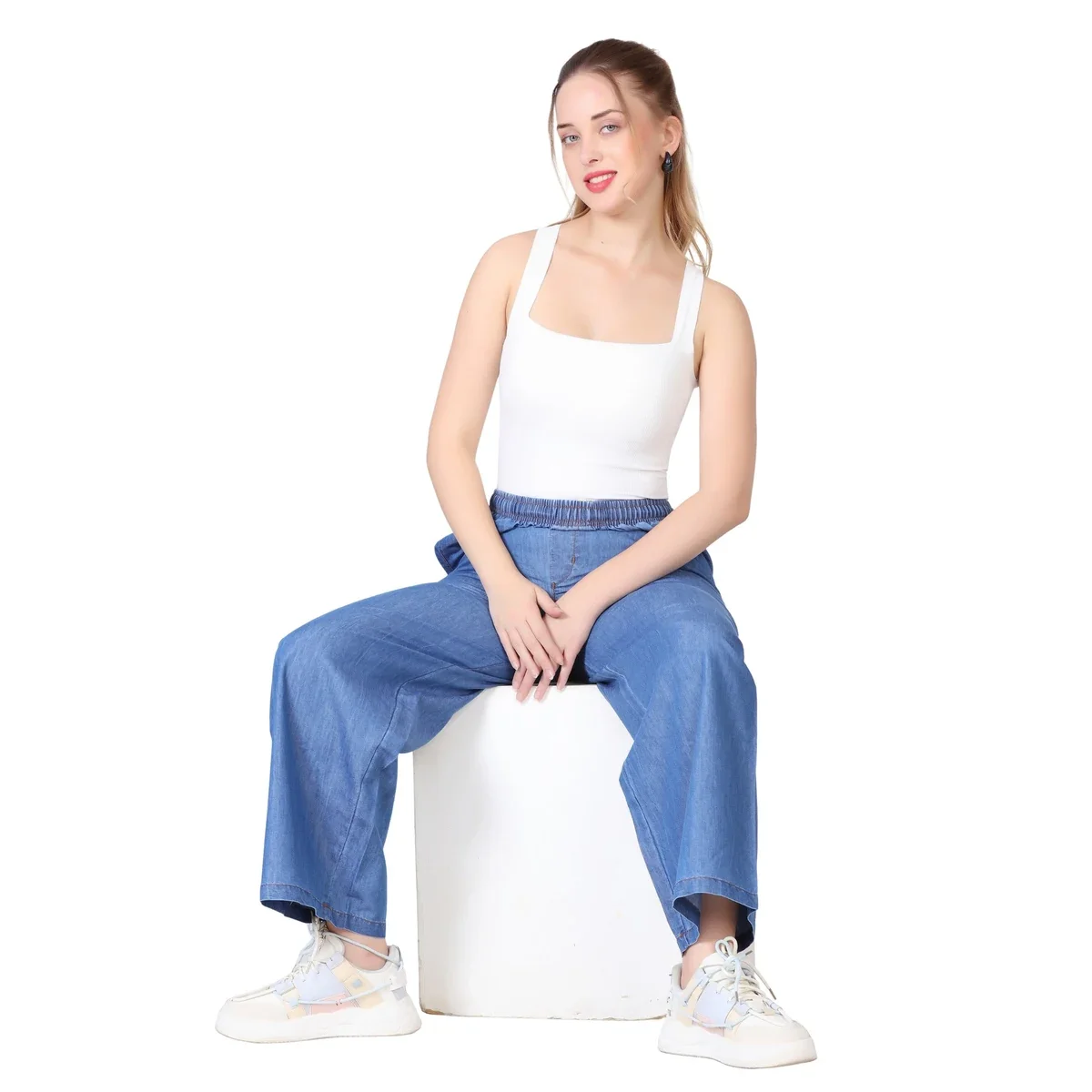 Premium Denim Palazzo Pants - Deep Blue thumbnail 4