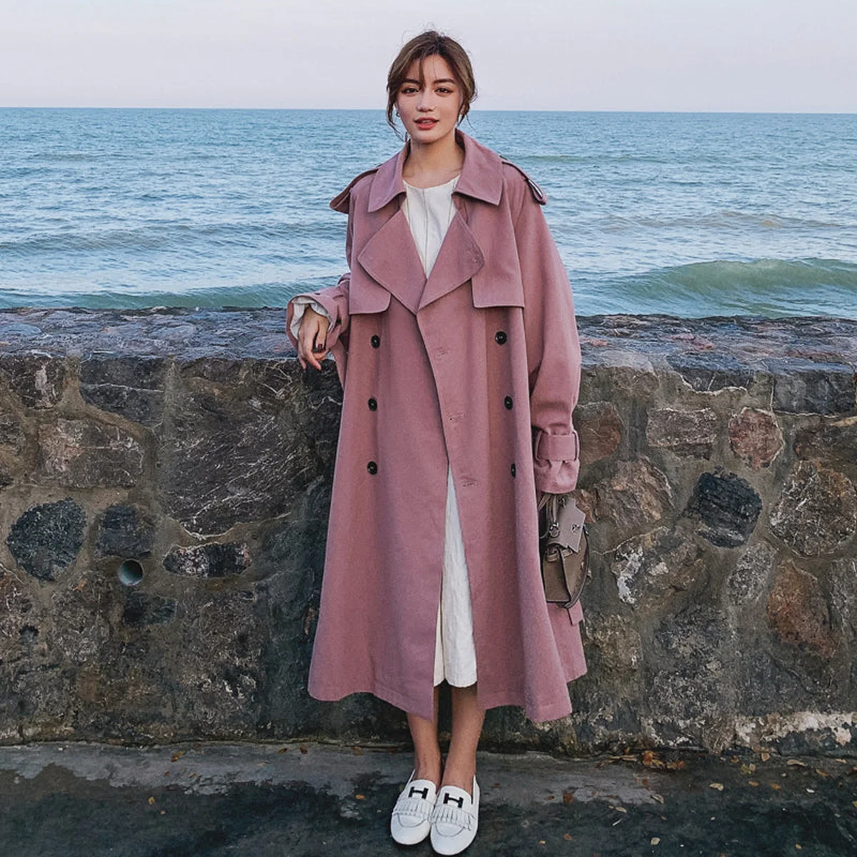 Double-Breasted Long Belted Windbreaker - Image 1