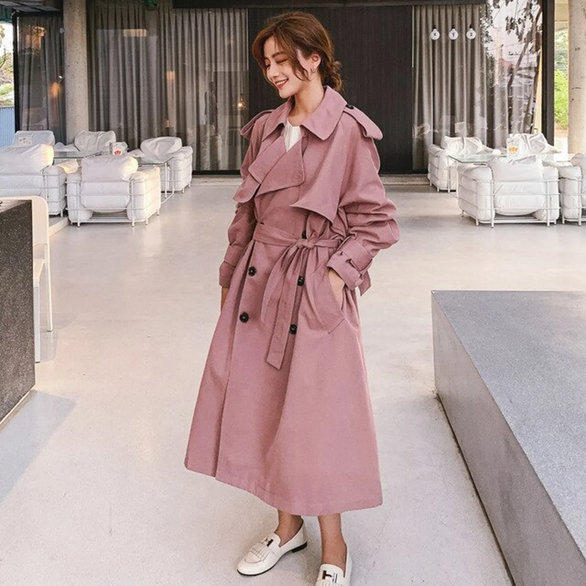 Double-Breasted Long Belted Windbreaker thumbnail 3