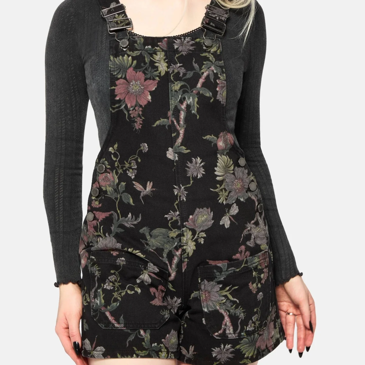 Poison Eden Print Denim Dungaree Short - Image 1