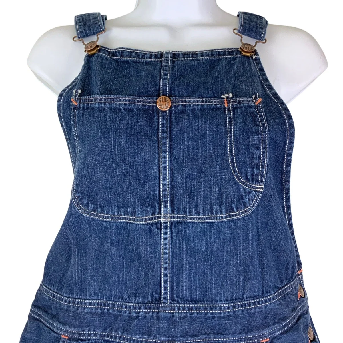 Vintage 90s Blue Blue Dungaree Pinafore Mini Dress 14 16 L thumbnail 2