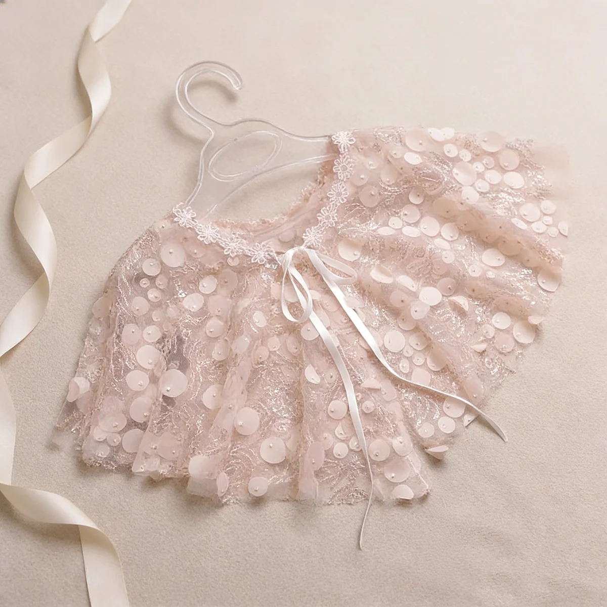 Pink Sequin Bridal Capelet with Tulle Overlay, Ribbon Tie Wedding Shawl, Romantic Blush Bridal Cover Up - Image 1
