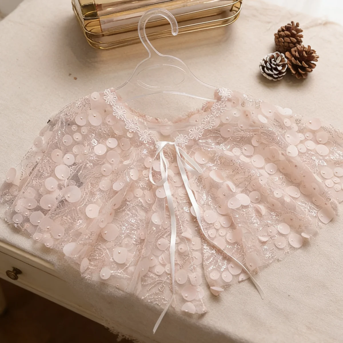 Pink Sequin Bridal Capelet with Tulle Overlay, Ribbon Tie Wedding Shawl, Romantic Blush Bridal Cover Up thumbnail 2