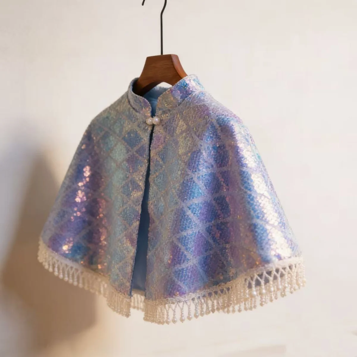 Aurora Sequin Bridal Capelet, Pearl Fringe Wedding Shawl, Iridescent Mermaid Short Cape for Bridal Dress - Image 1