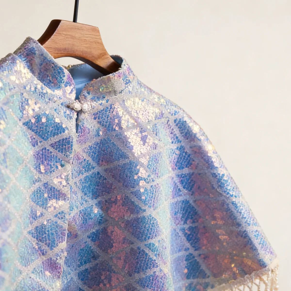 Aurora Sequin Bridal Capelet, Pearl Fringe Wedding Shawl, Iridescent Mermaid Short Cape for Bridal Dress thumbnail 3