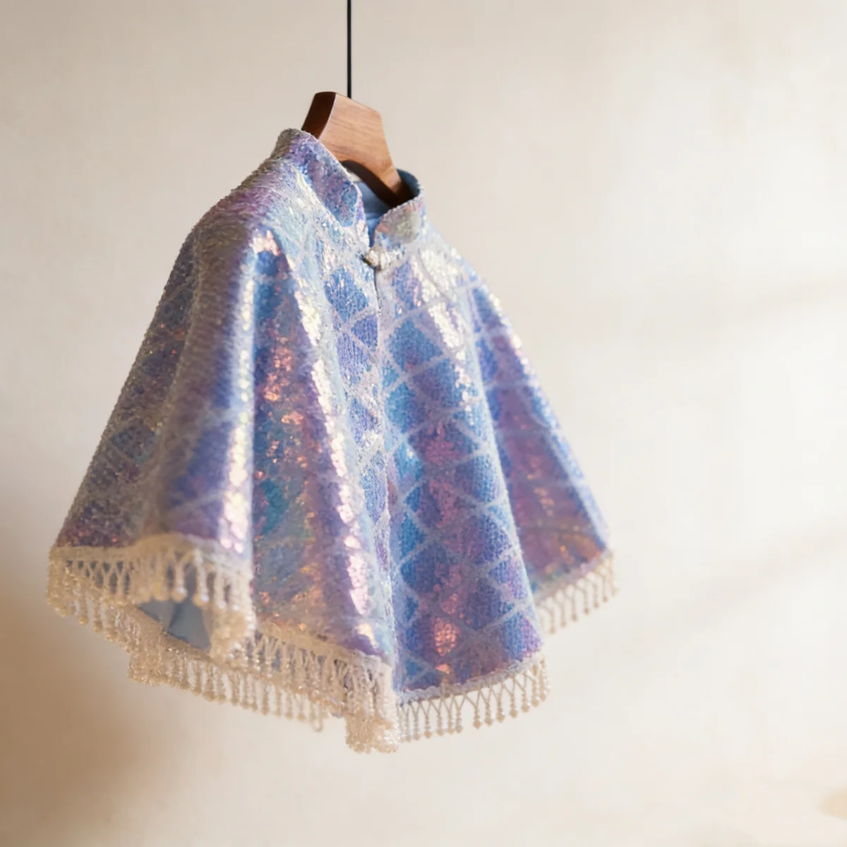 Aurora Sequin Bridal Capelet, Pearl Fringe Wedding Shawl, Iridescent Mermaid Short Cape for Bridal Dress thumbnail 4