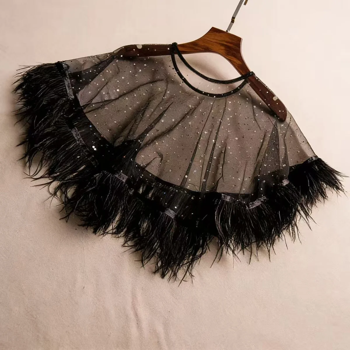 Black Feather Bridal Capelet, Sheer Tulle Evening Shawl, Ostrich Feather Wedding Cover Up - Image 1