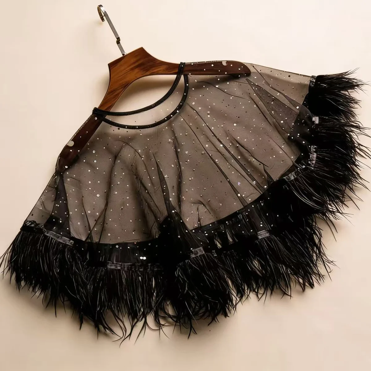 Black Feather Bridal Capelet, Sheer Tulle Evening Shawl, Ostrich Feather Wedding Cover Up thumbnail 2