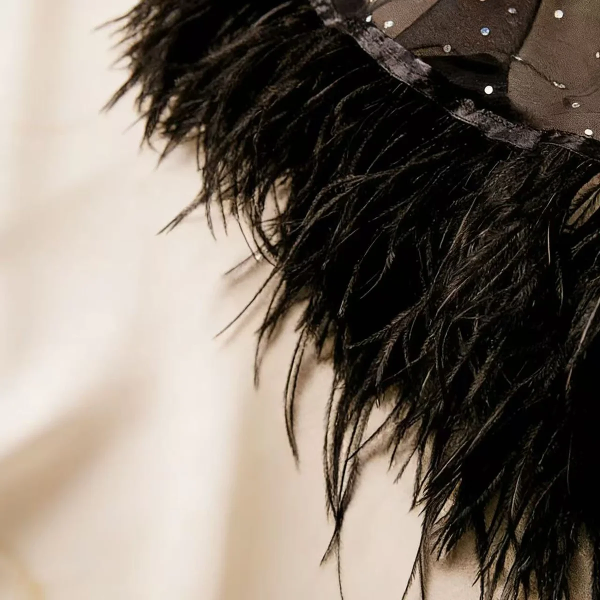Black Feather Bridal Capelet, Sheer Tulle Evening Shawl, Ostrich Feather Wedding Cover Up thumbnail 3