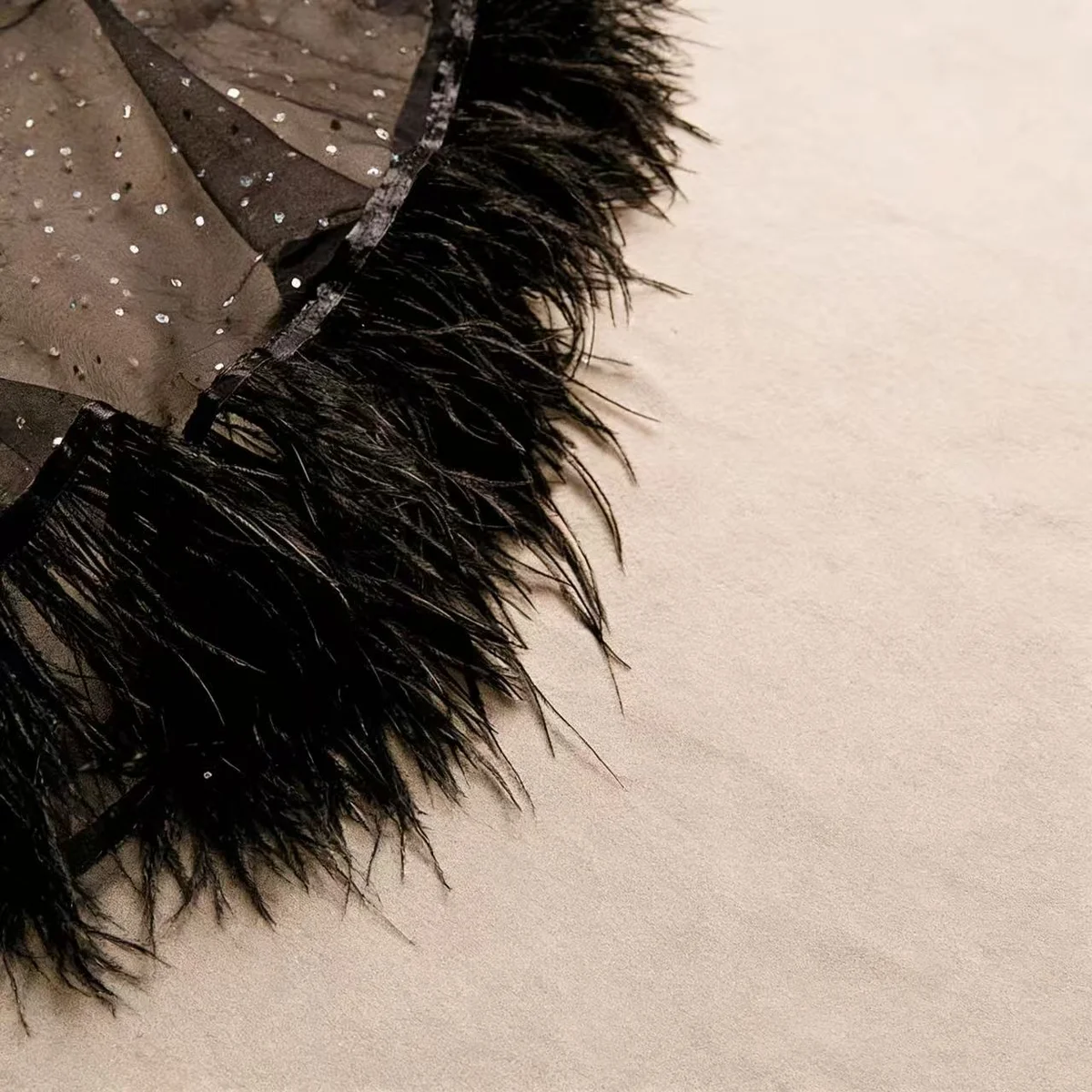 Black Feather Bridal Capelet, Sheer Tulle Evening Shawl, Ostrich Feather Wedding Cover Up thumbnail 4