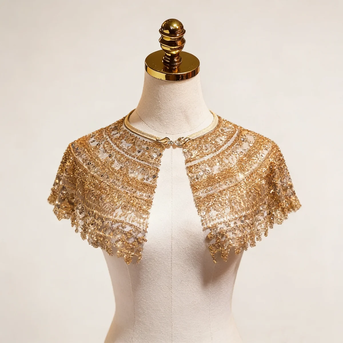 Gold Champagne Sequin Bridal Capelet, Embellished Wedding Shawl, Luxury Short Cape for Wedding Dress thumbnail 2