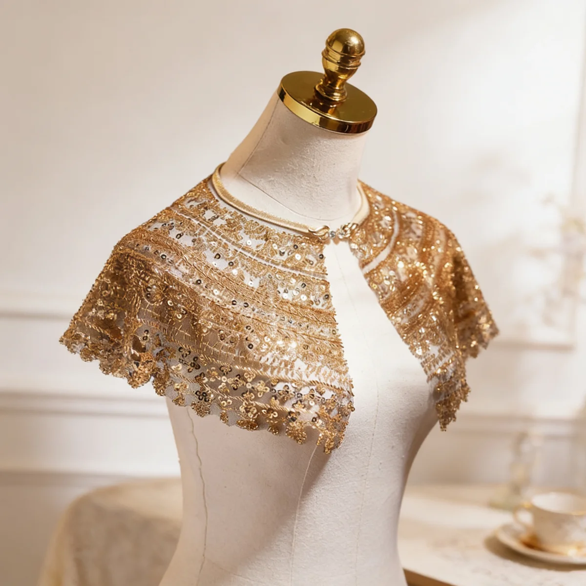 Gold Champagne Sequin Bridal Capelet, Embellished Wedding Shawl, Luxury Short Cape for Wedding Dress thumbnail 3