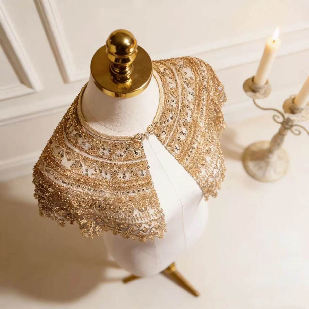 Gold Champagne Sequin Bridal Capelet, Embellished Wedding Shawl, Luxury Short Cape for Wedding Dress thumbnail 4
