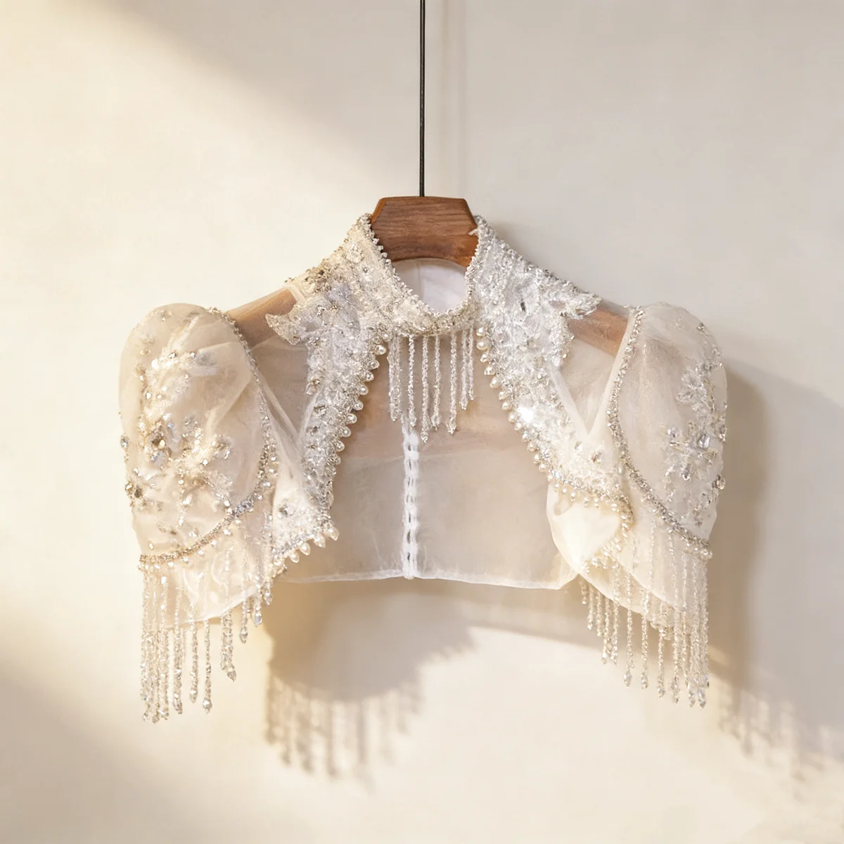Luxury High Neck Bridal Capelet, Hand Beaded Pearl & Crystal Wedding Bolero, Embroidered Tulle Bridal Shoulder Cover - Image 1