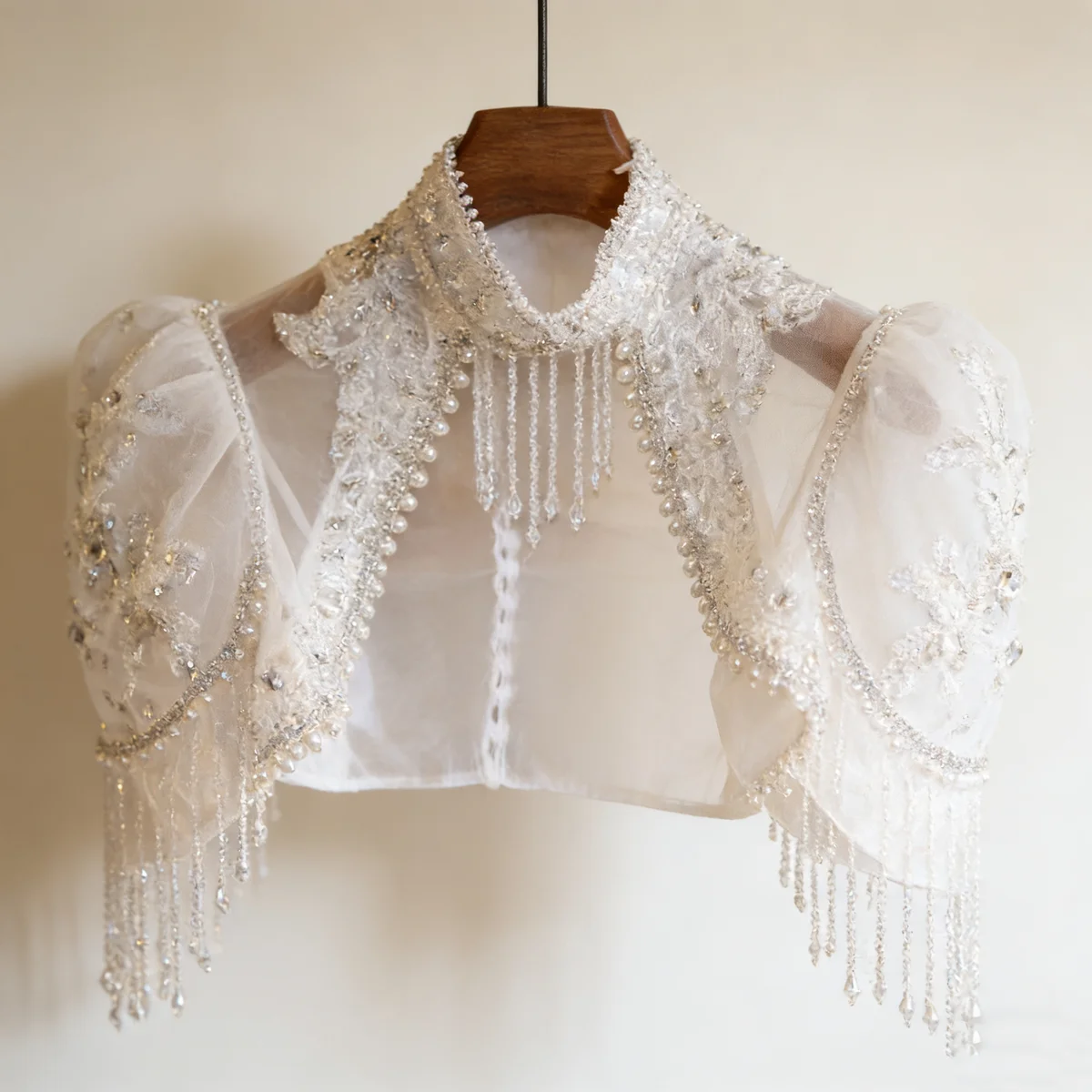 Luxury High Neck Bridal Capelet, Hand Beaded Pearl & Crystal Wedding Bolero, Embroidered Tulle Bridal Shoulder Cover thumbnail 2
