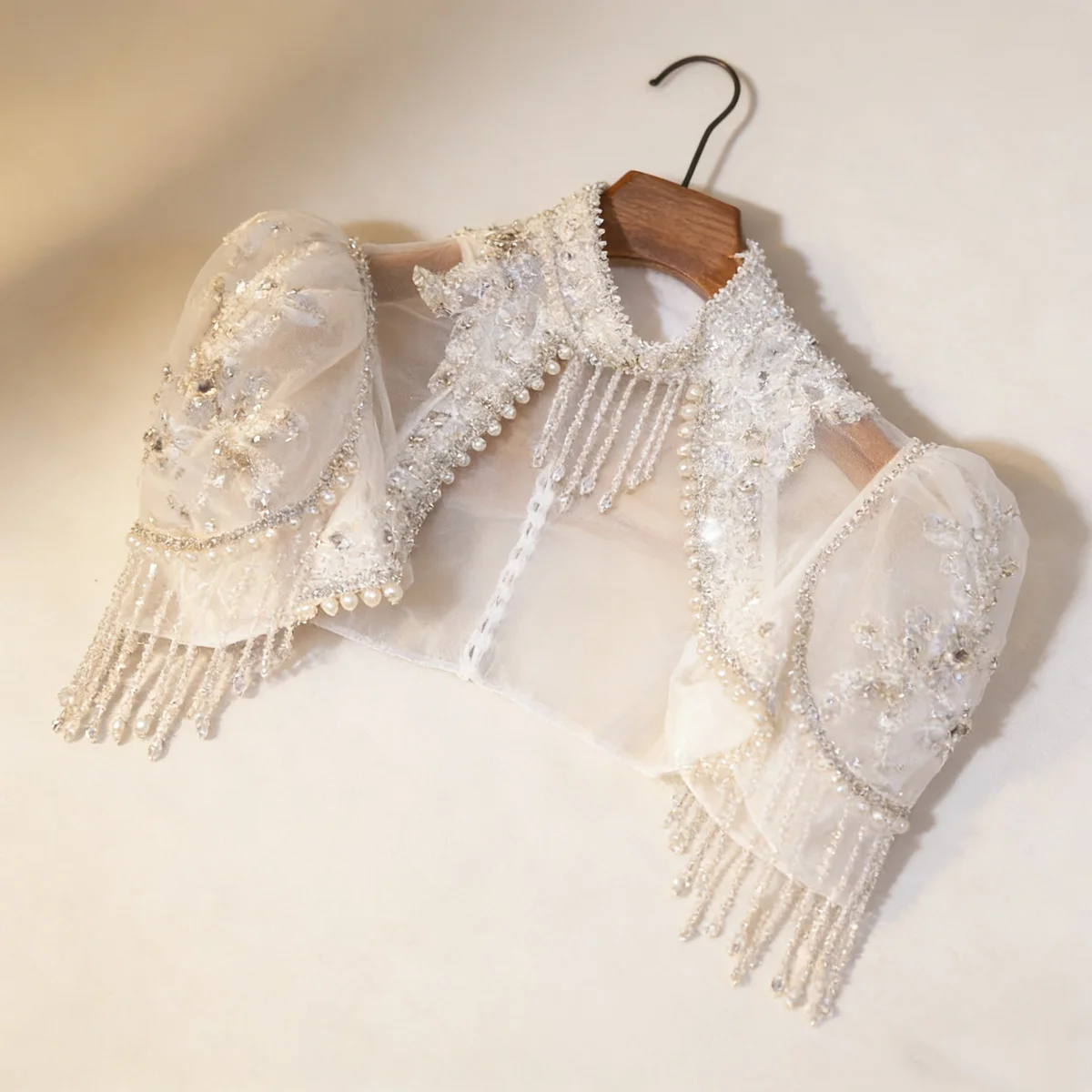 Luxury High Neck Bridal Capelet, Hand Beaded Pearl & Crystal Wedding Bolero, Embroidered Tulle Bridal Shoulder Cover thumbnail 3