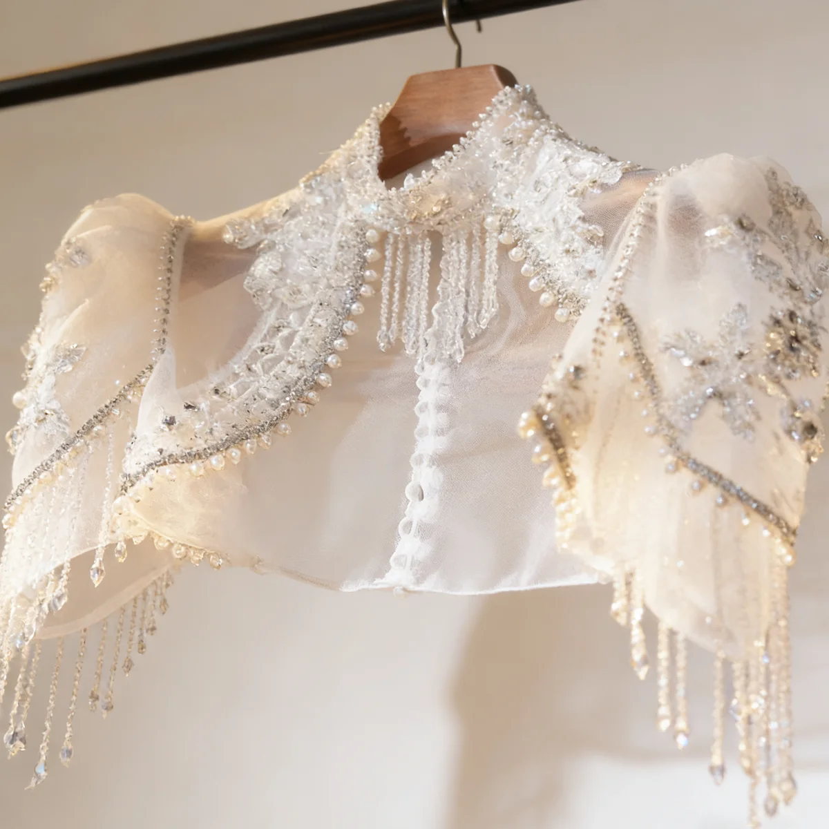 Luxury High Neck Bridal Capelet, Hand Beaded Pearl & Crystal Wedding Bolero, Embroidered Tulle Bridal Shoulder Cover thumbnail 4