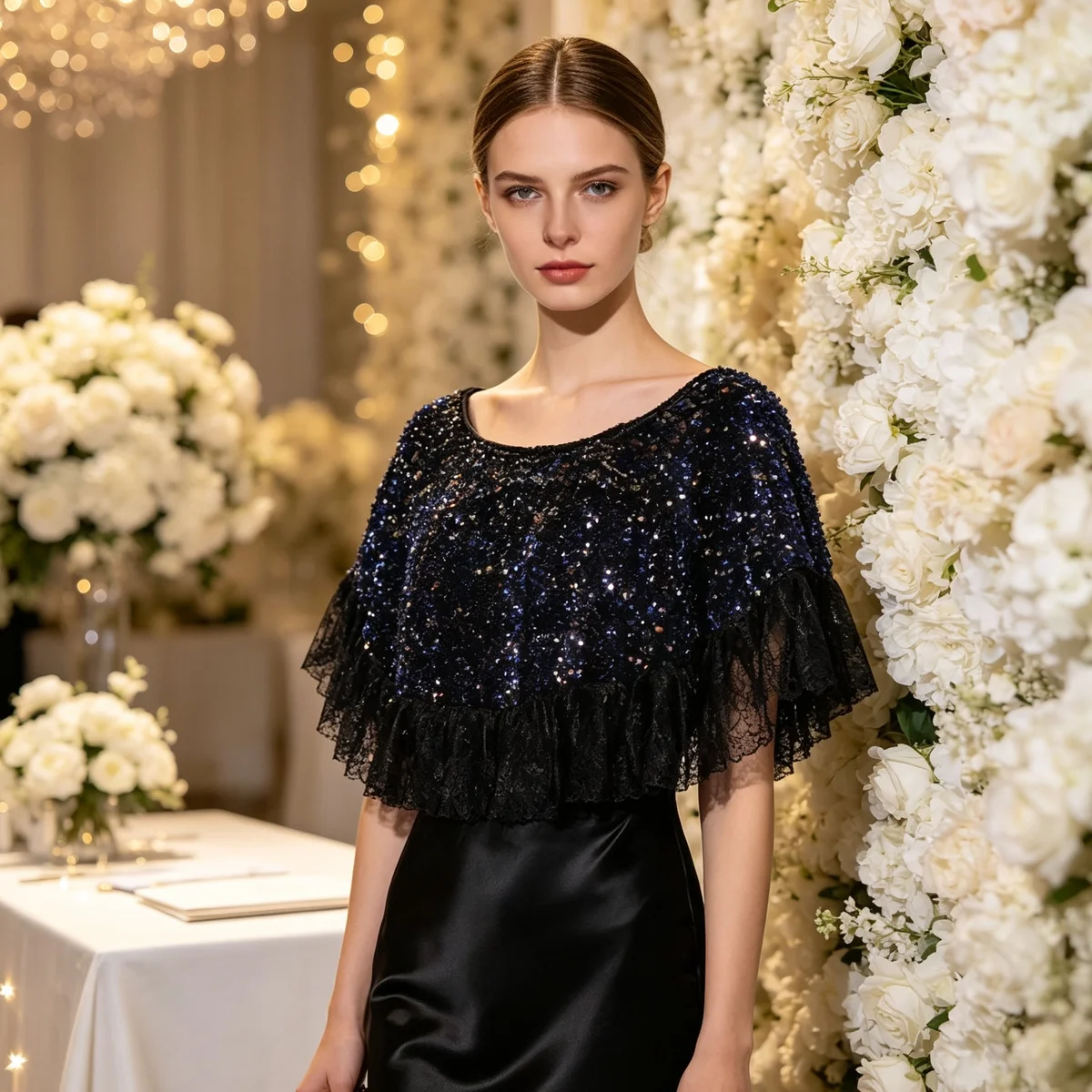 Luxury Black Sequin Lace Bridal Capelet - Image 1