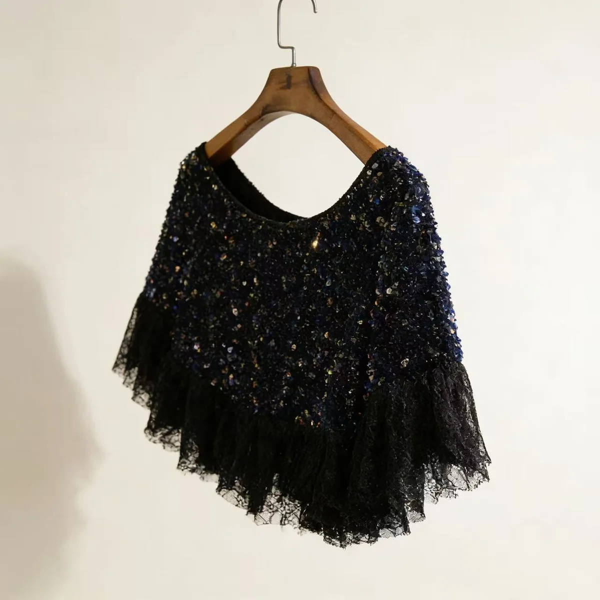 Luxury Black Sequin Lace Bridal Capelet thumbnail 4