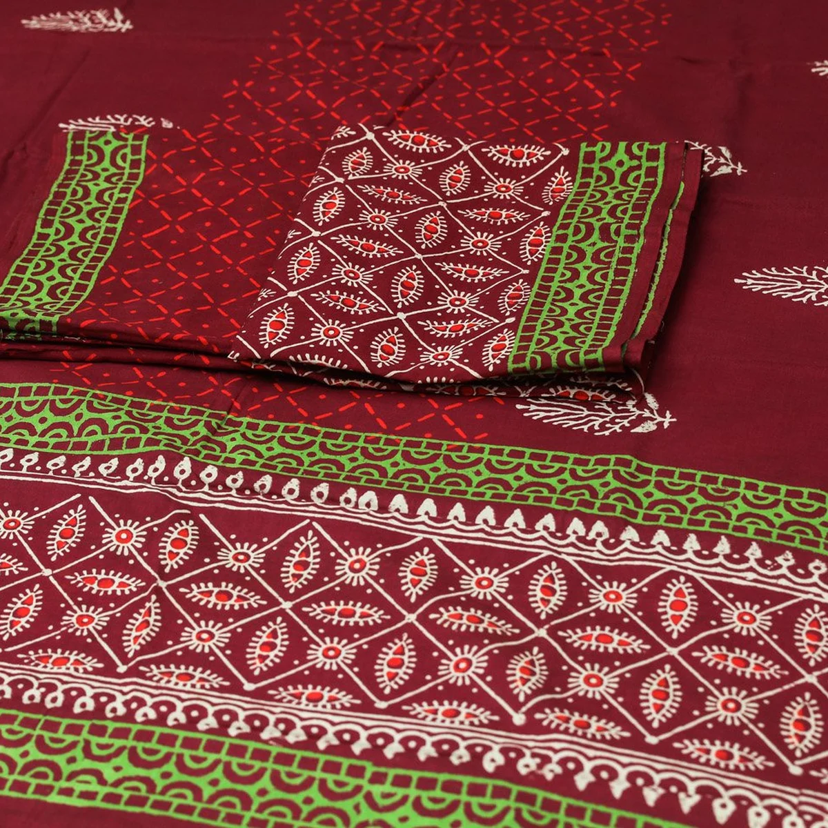 Maroon Block Butta Print Cotton Unstitched Dress Material - Image 1