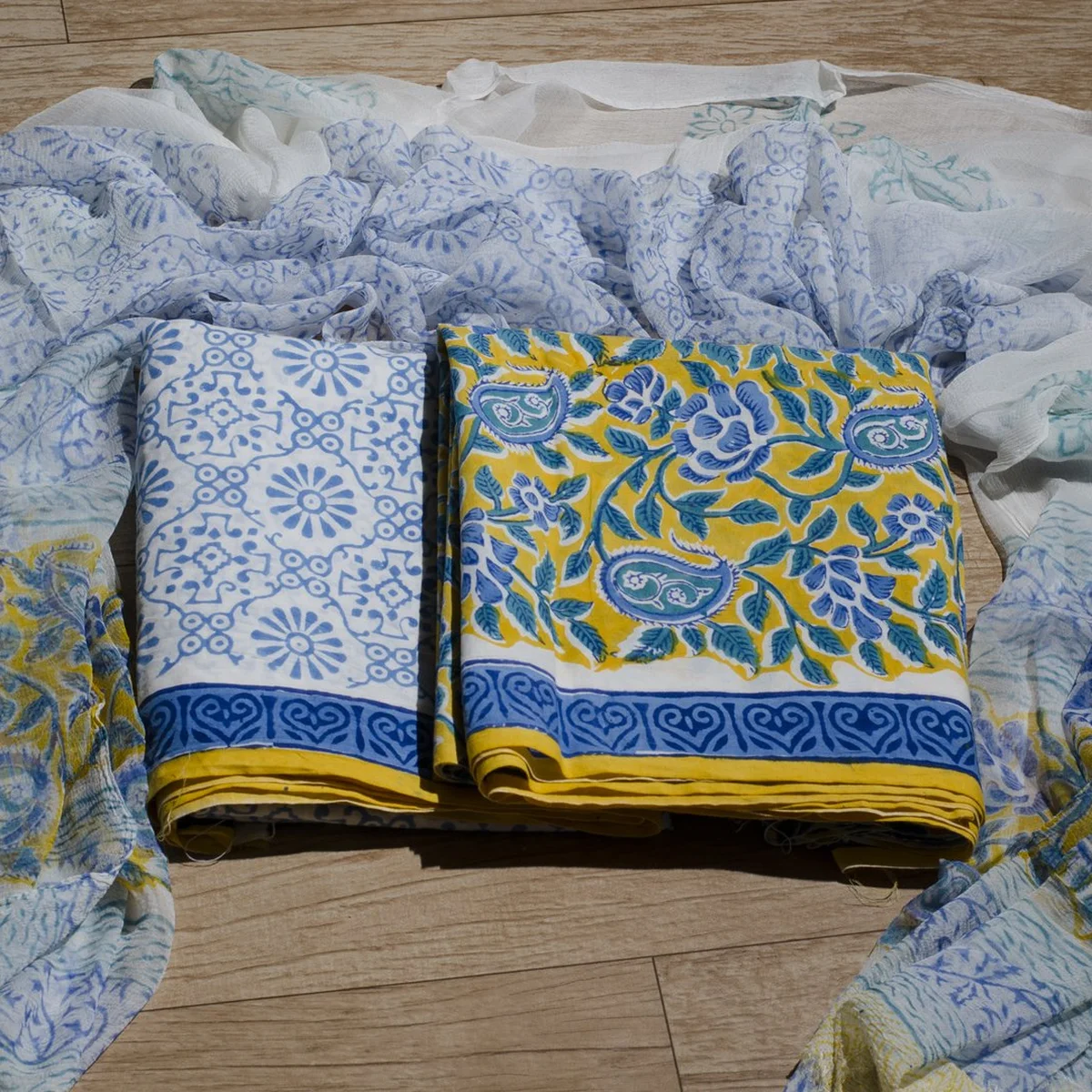 Mustard Jaal Block Print Cotton Salwar Suit Set Material - Image 1